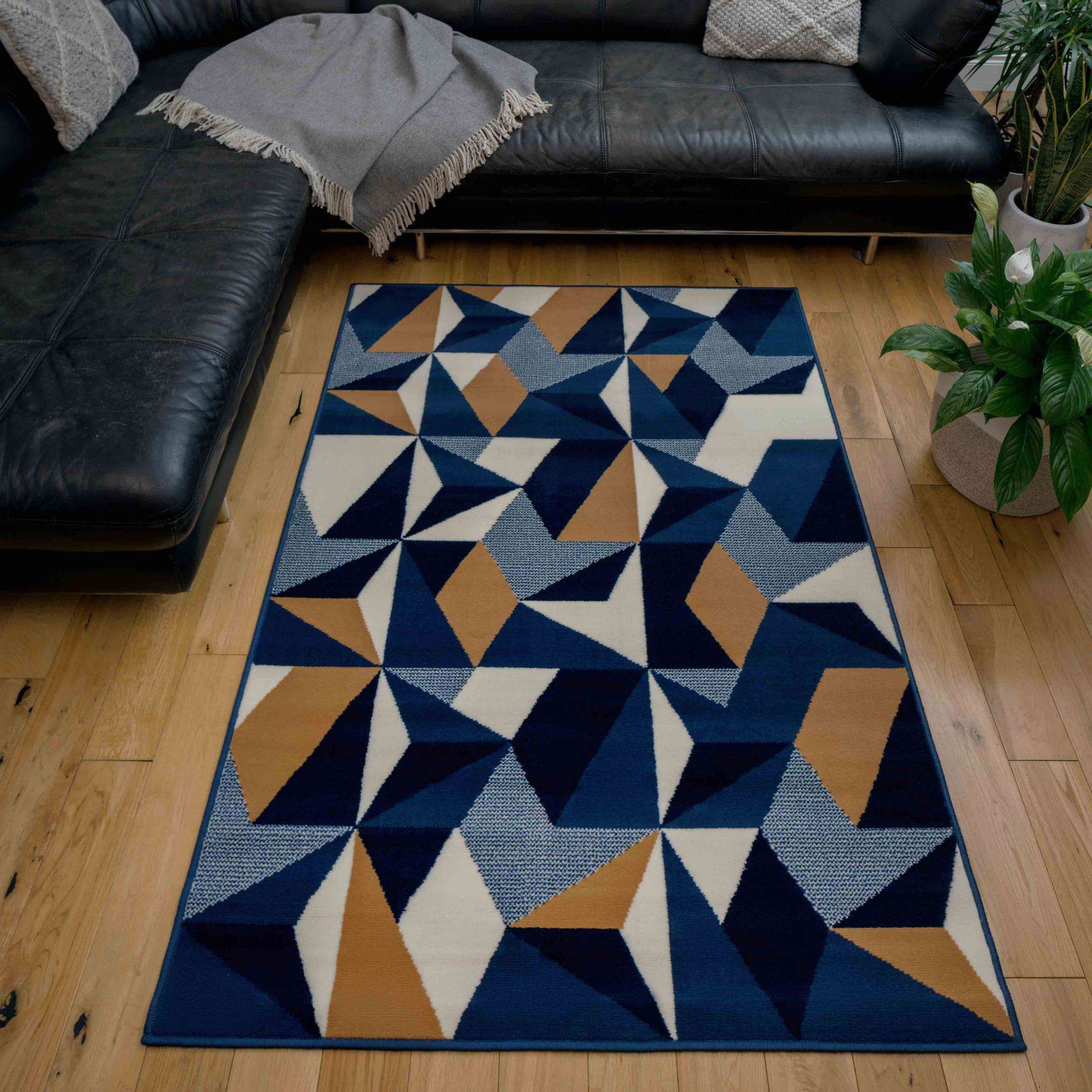 Blue Grey Modern Geometric Hall Runner Rugs - Image 3