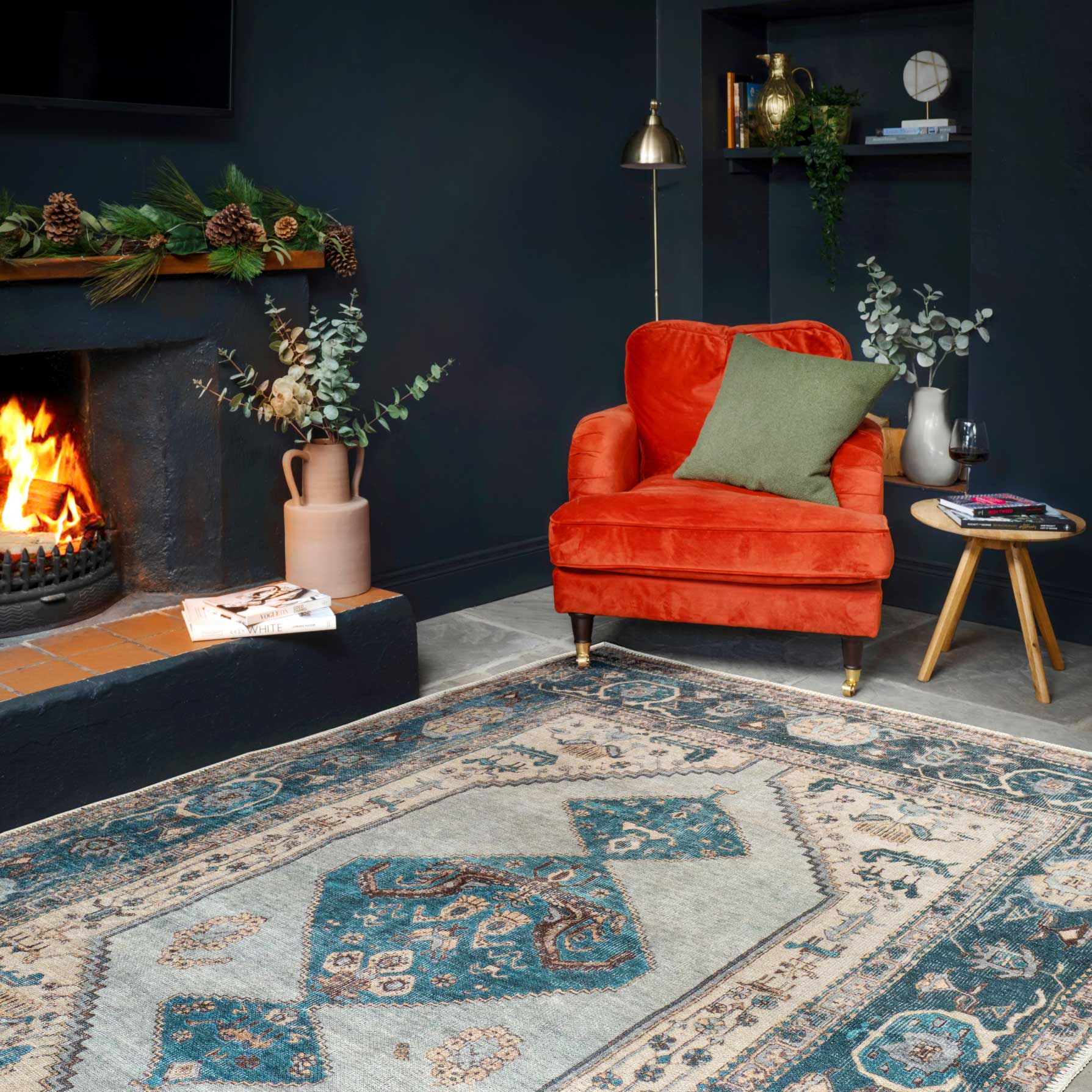 Flatwoven Washable Distressed Teal Bordered Rug - Cyrus - Image 10