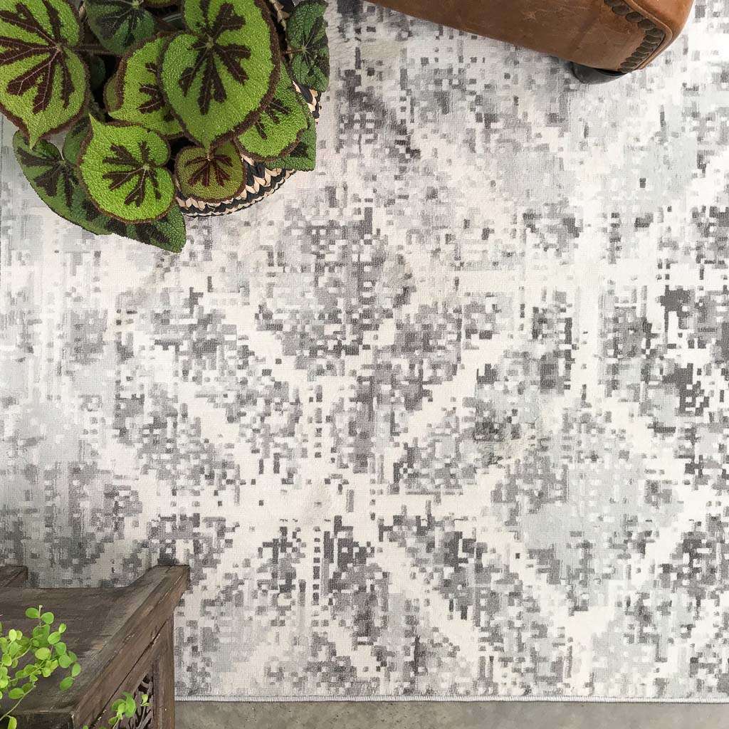 Faded Distressed Grey Geometric Pattern Rug - Image 3