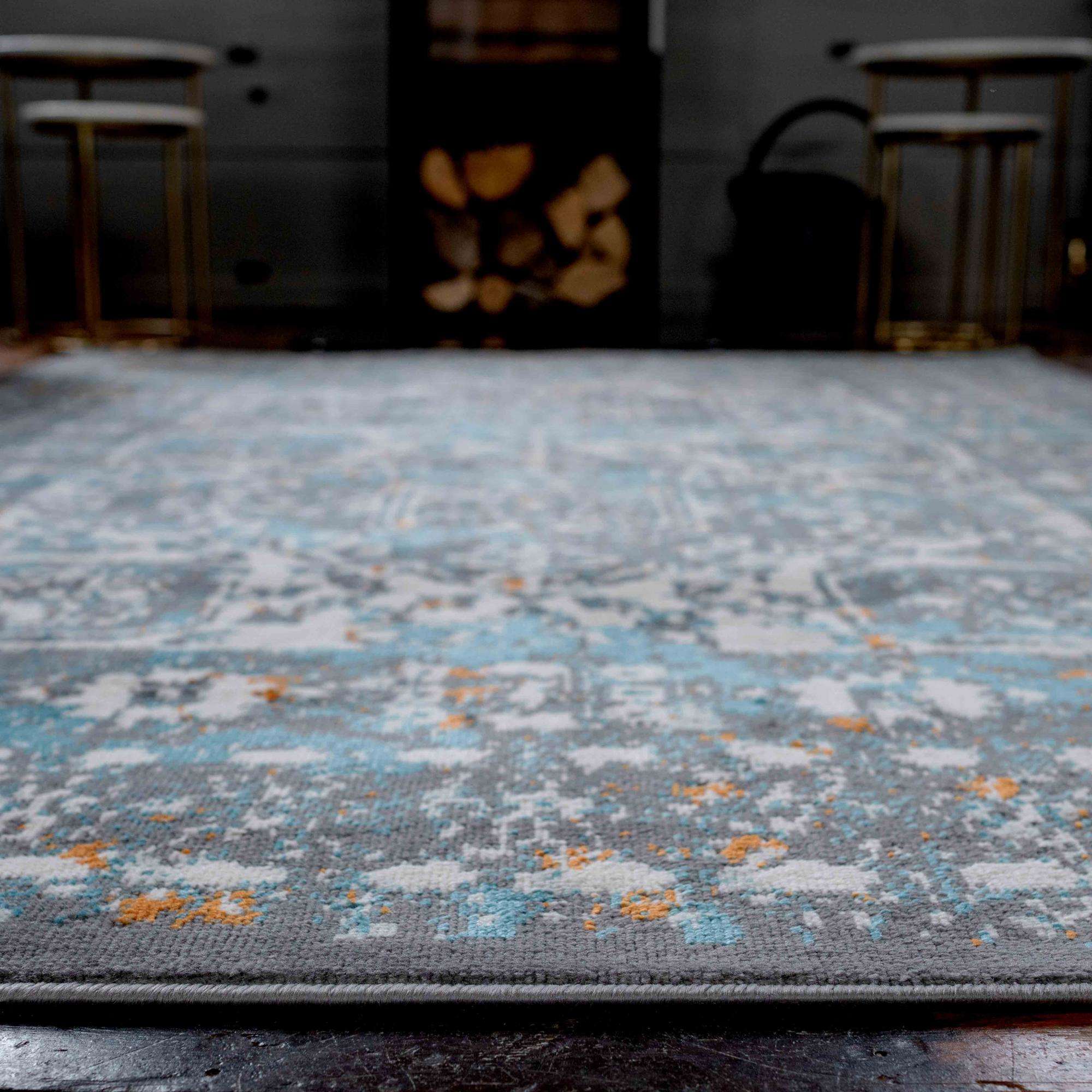 Faded Distressed Light Blue Grey Oriental Pattern Rug - Image 3