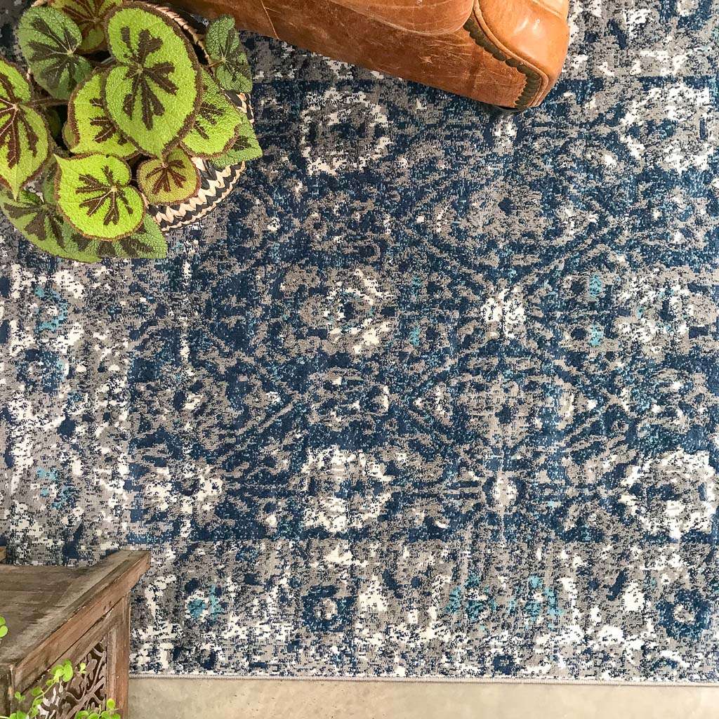Faded Distressed Navy Oriental Pattern Rug - Image 4
