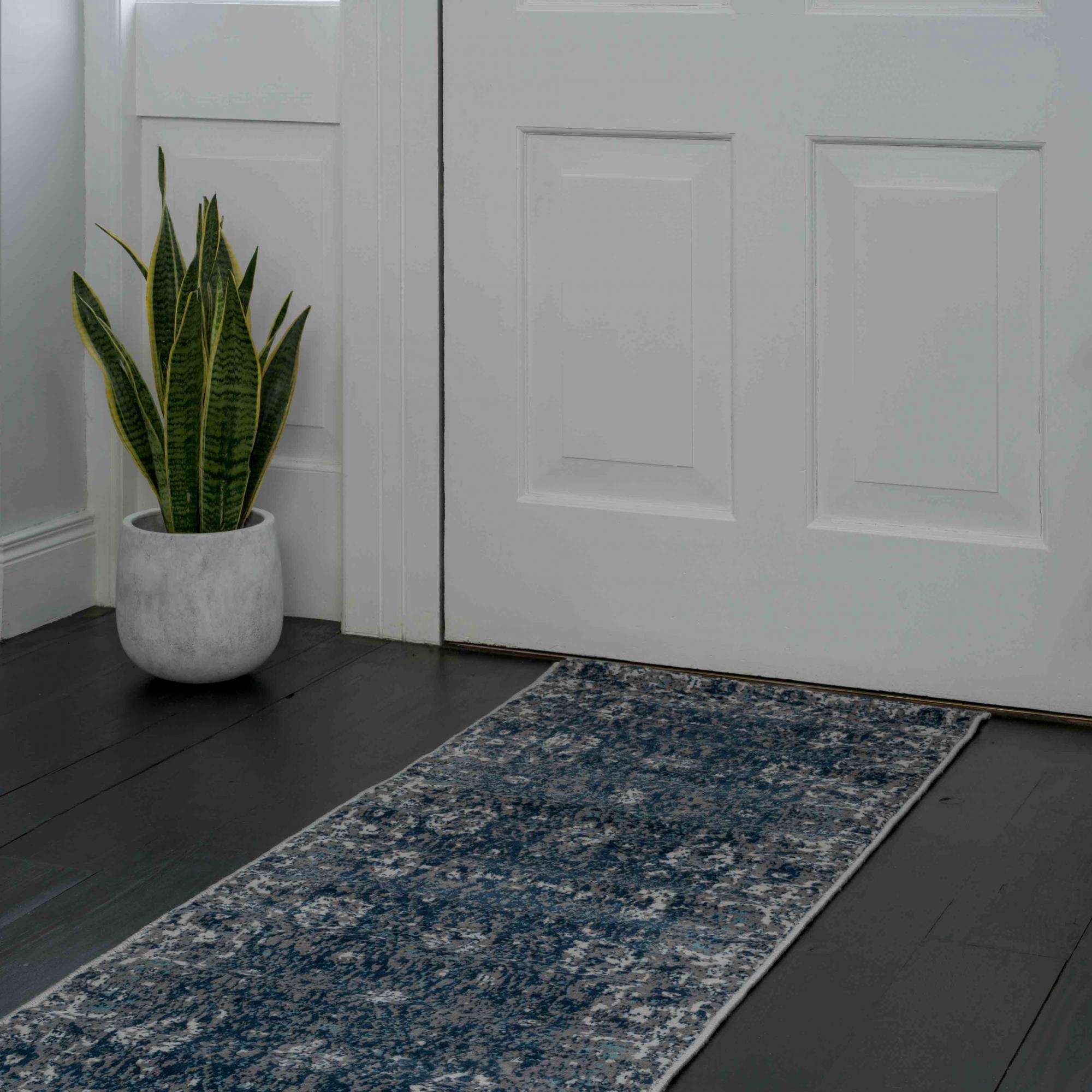 Faded Distressed Navy Oriental Pattern Rug - Image 6