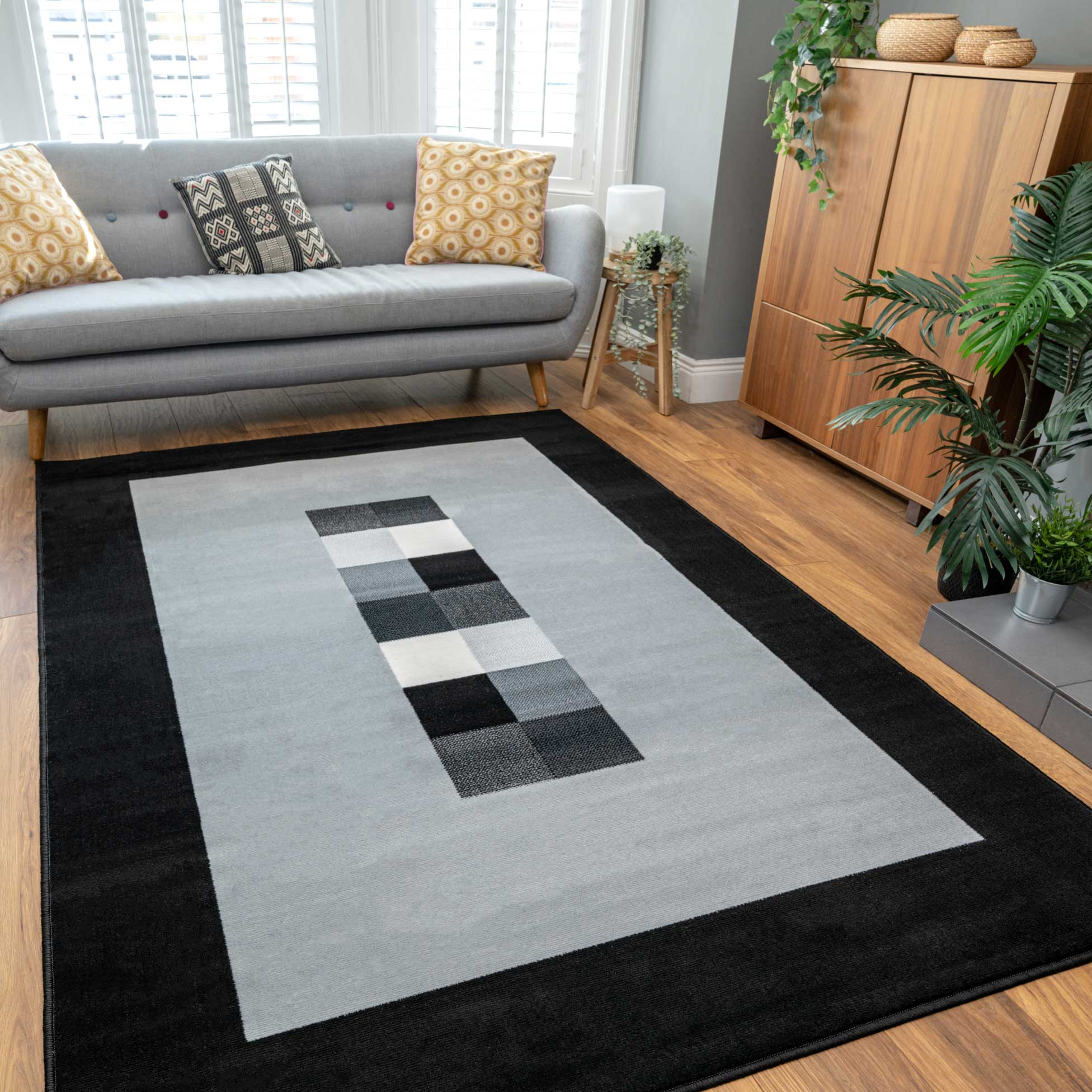 Geometric Bordered Black and Grey Rug - Image 2