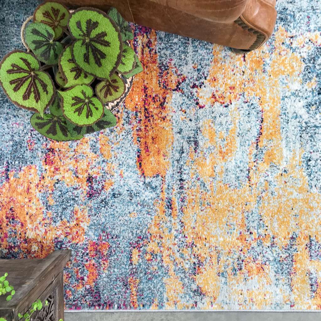 Gold Blue Distressed Living Room Rug - Mia - Image 4
