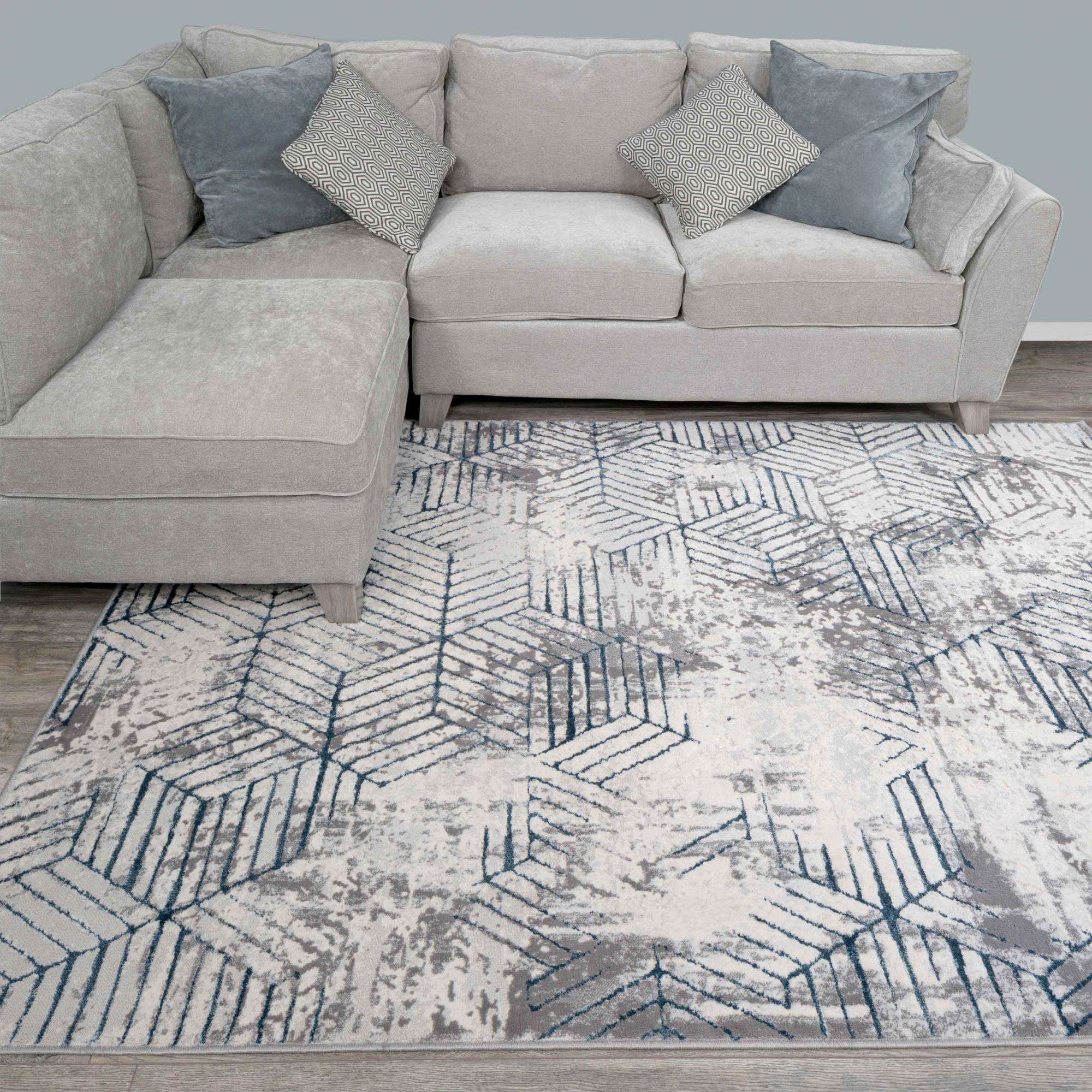 Modern Blue Abstract Geometric Hall Runner Rugs - Image 3