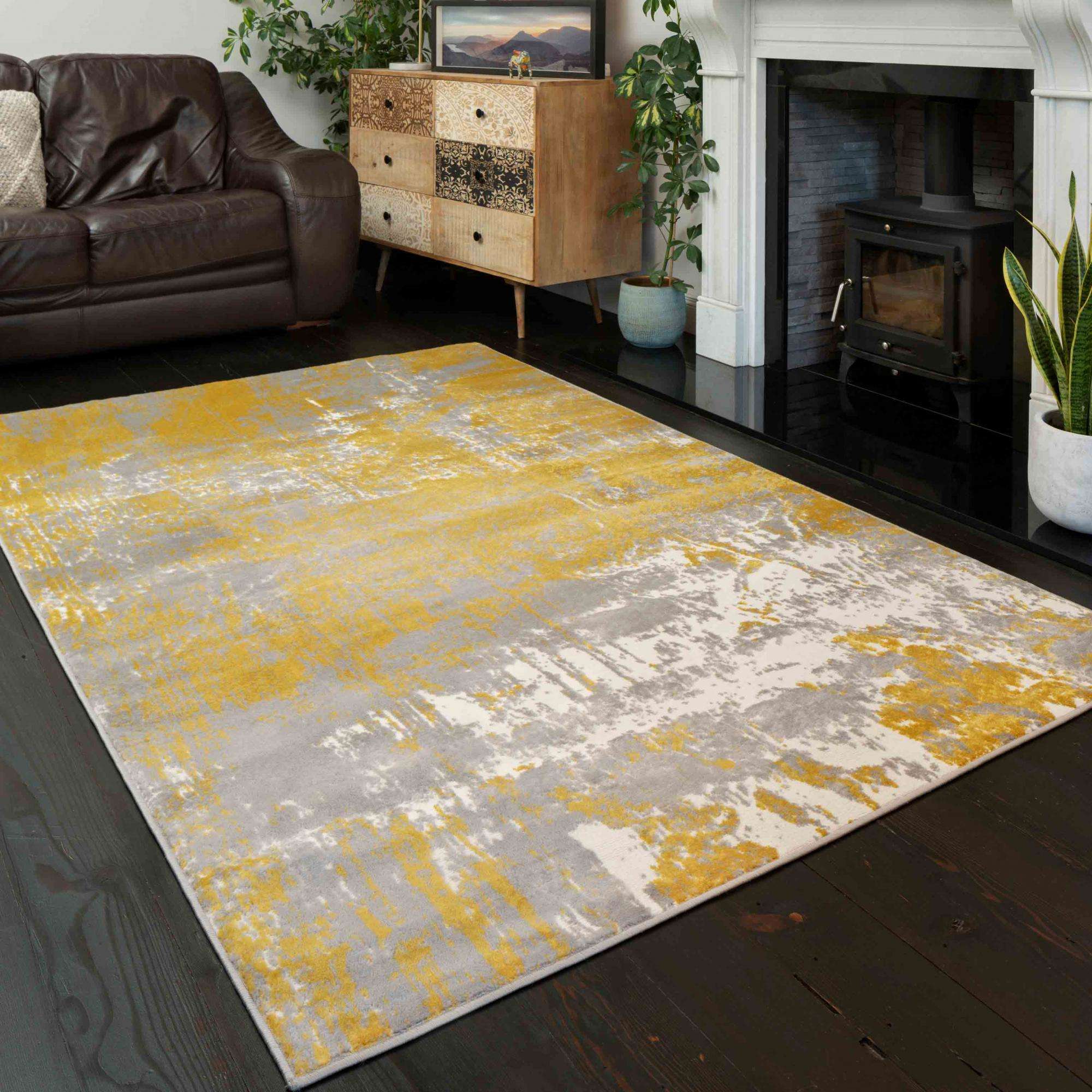 Modern Yellow Ochre Distressed Large Living Room Rugs - Image 3
