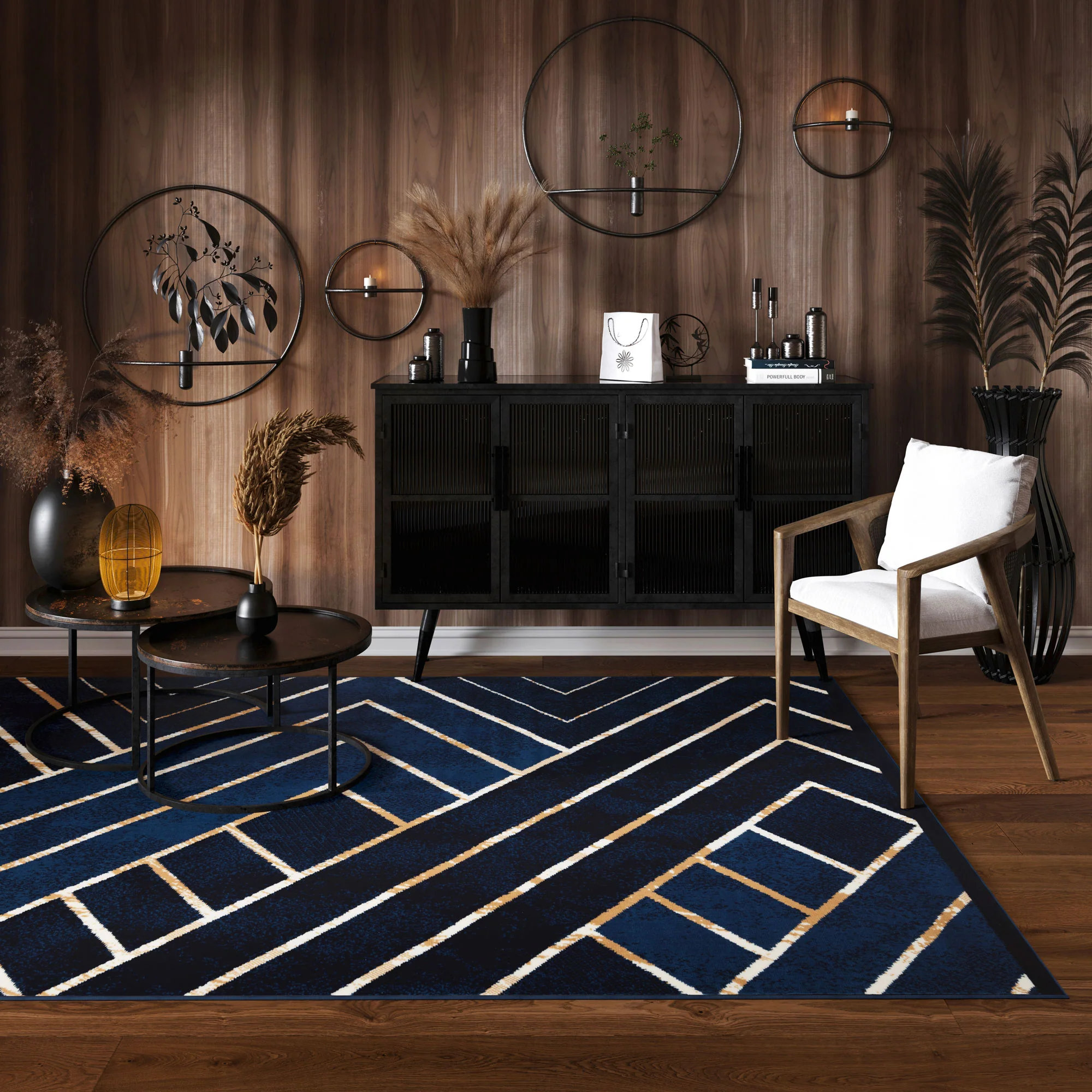 Navy Gold Art Deco Contempary Area Rug - Image 2