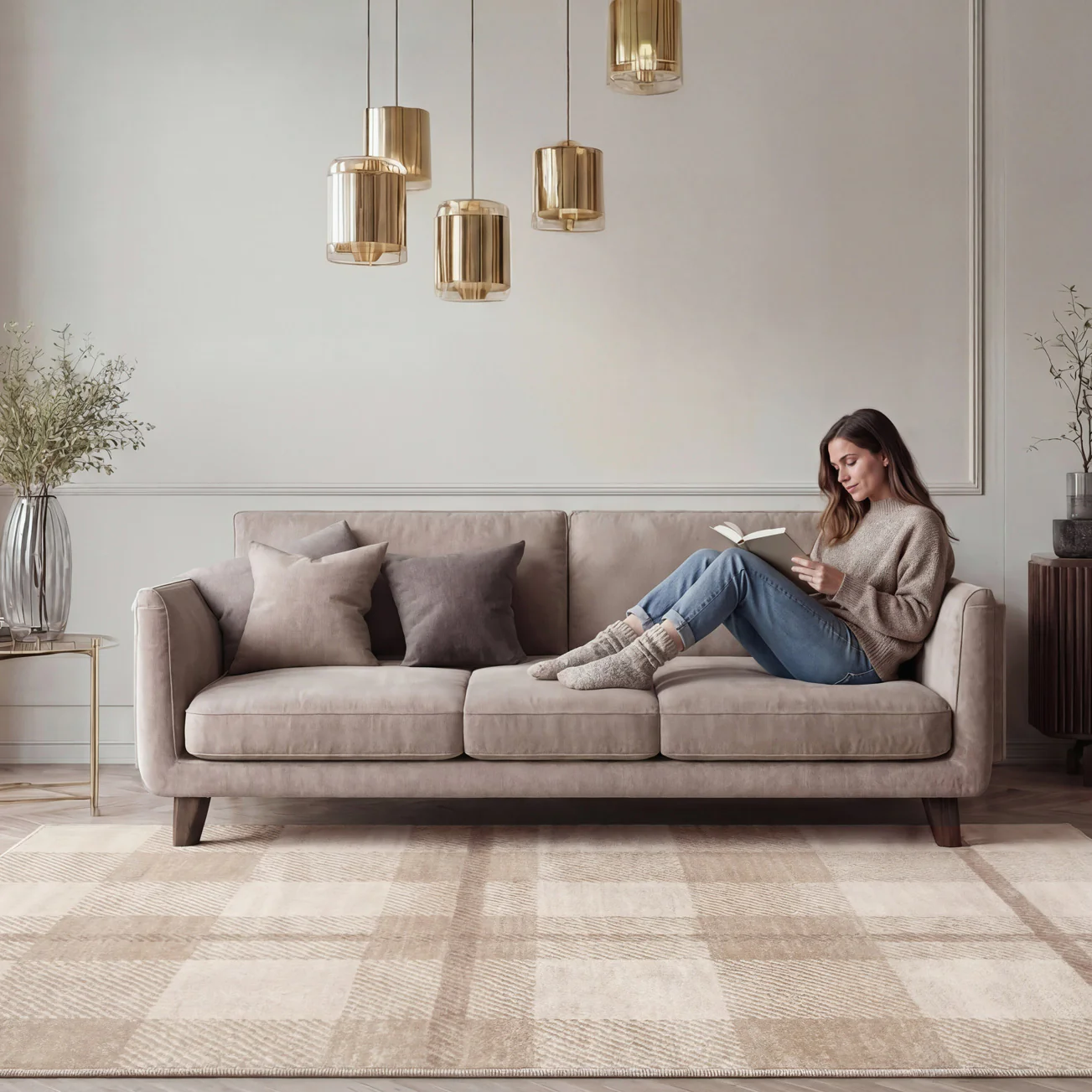 Neutral Cream Beige Tartan Rug - Angus - Image 2
