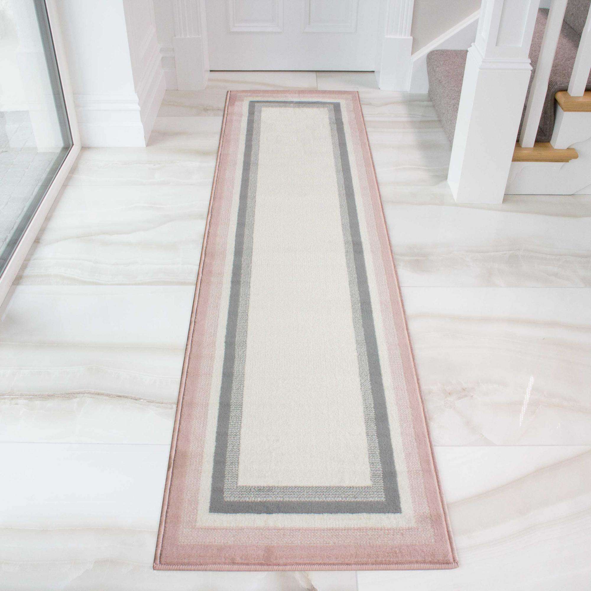 Pink Grey Bordered Framed Living Room Rug - Image 6