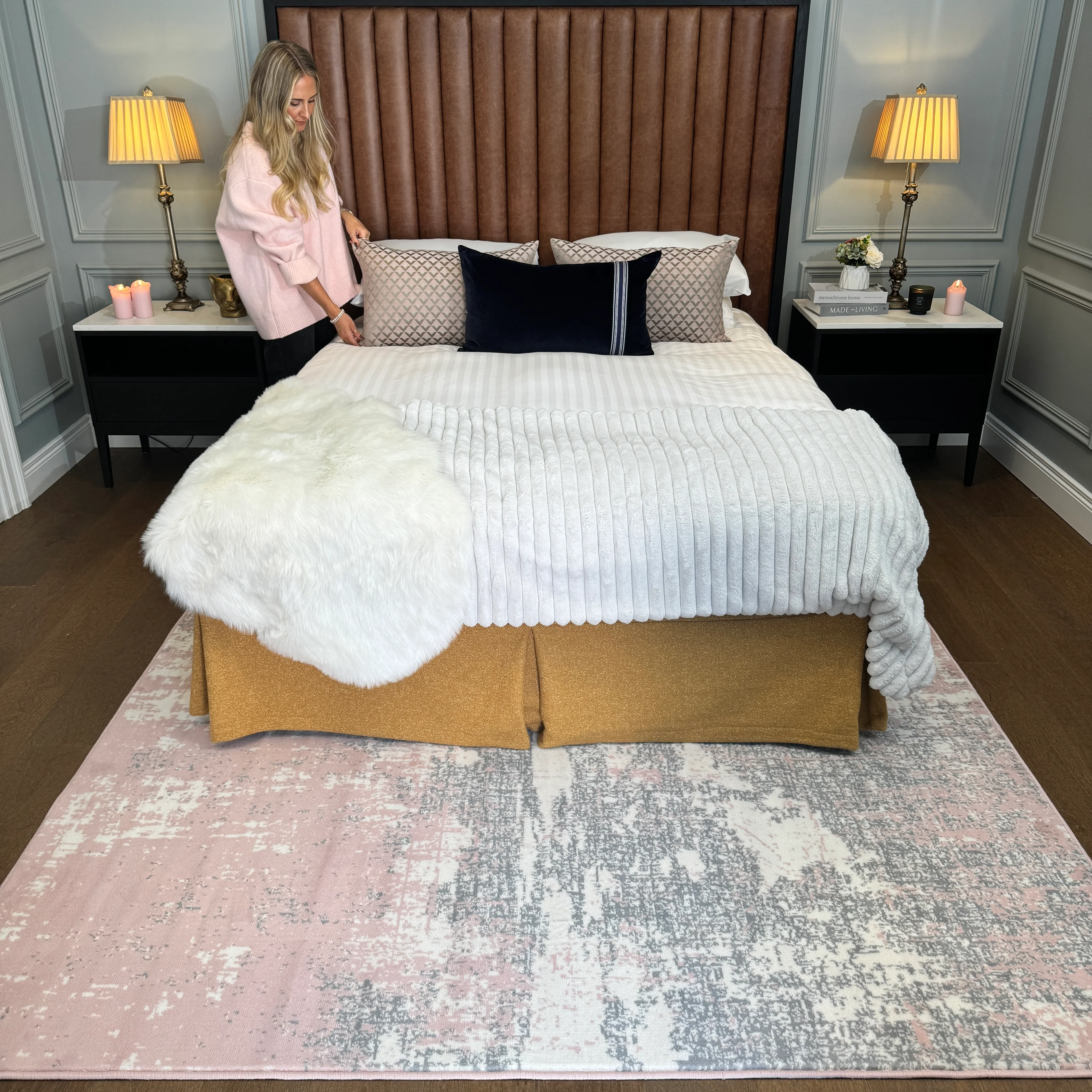 Pink Grey Distressed Worn Look Living Room Rug - Milan - Image 3