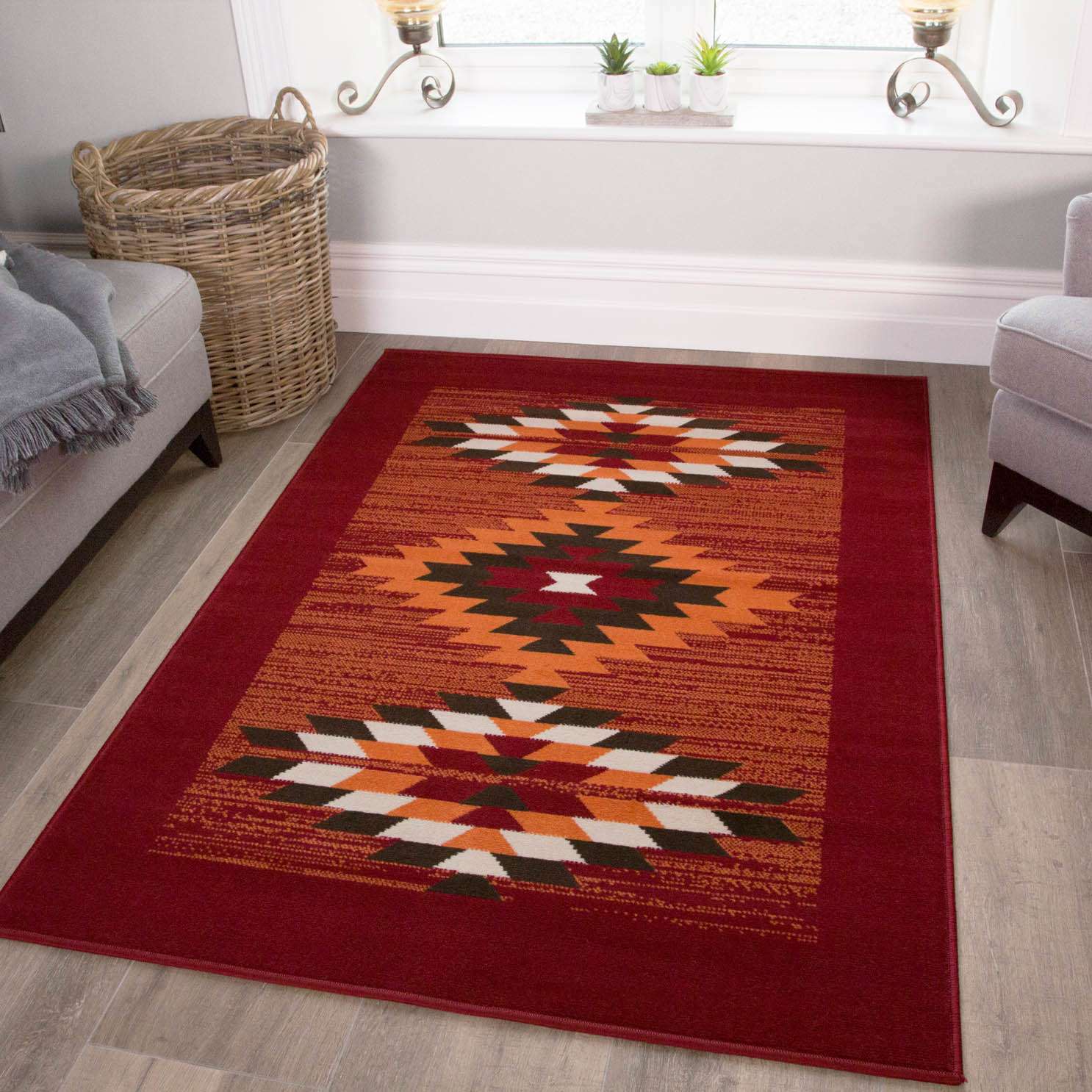 Red Aztec Tribal Medallion Bedroom Rug - Image 3
