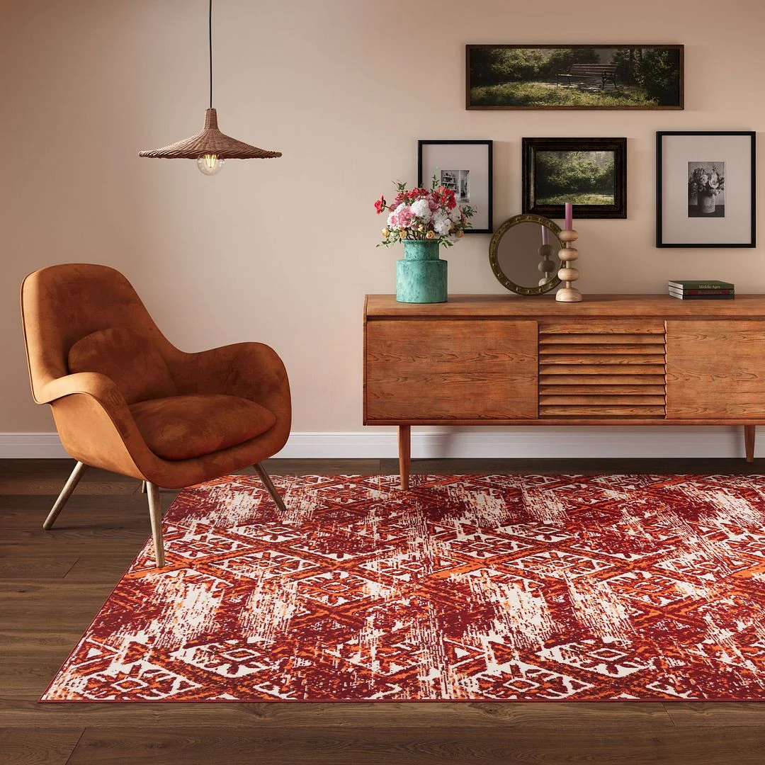 Red Orange Patterned Living Room Rug - Image 2