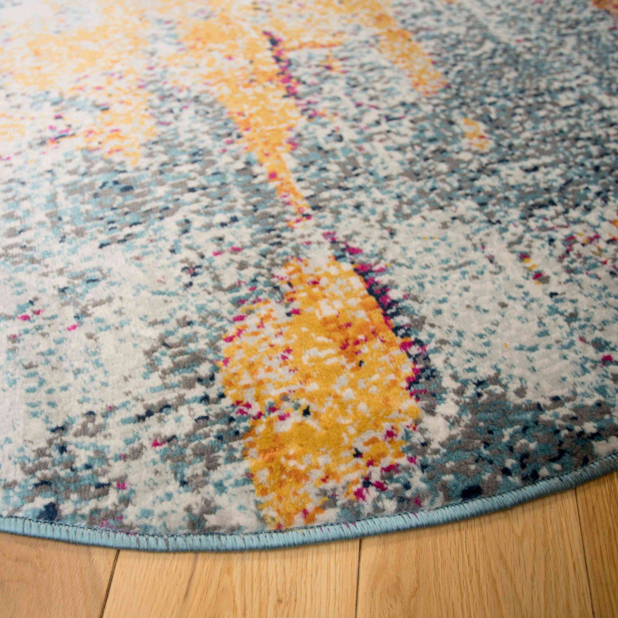 Round Circle Gold Blue Distressed Living Room Rug - Image 4