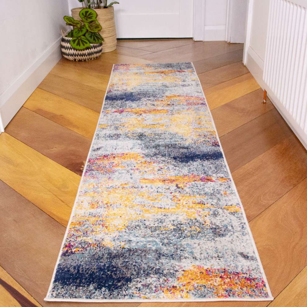Round Circle Gold Blue Distressed Living Room Rug - Image 6