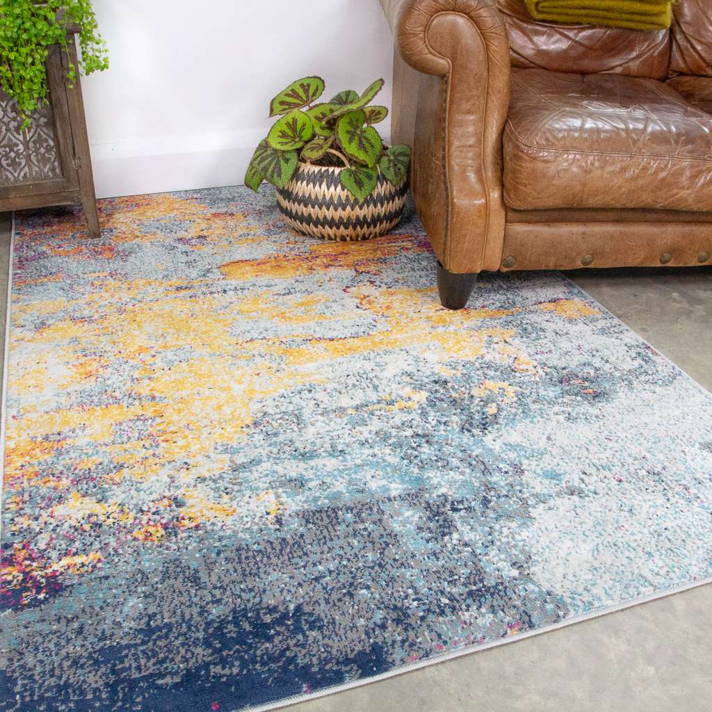 Round Circle Gold Blue Distressed Living Room Rug - Image 7