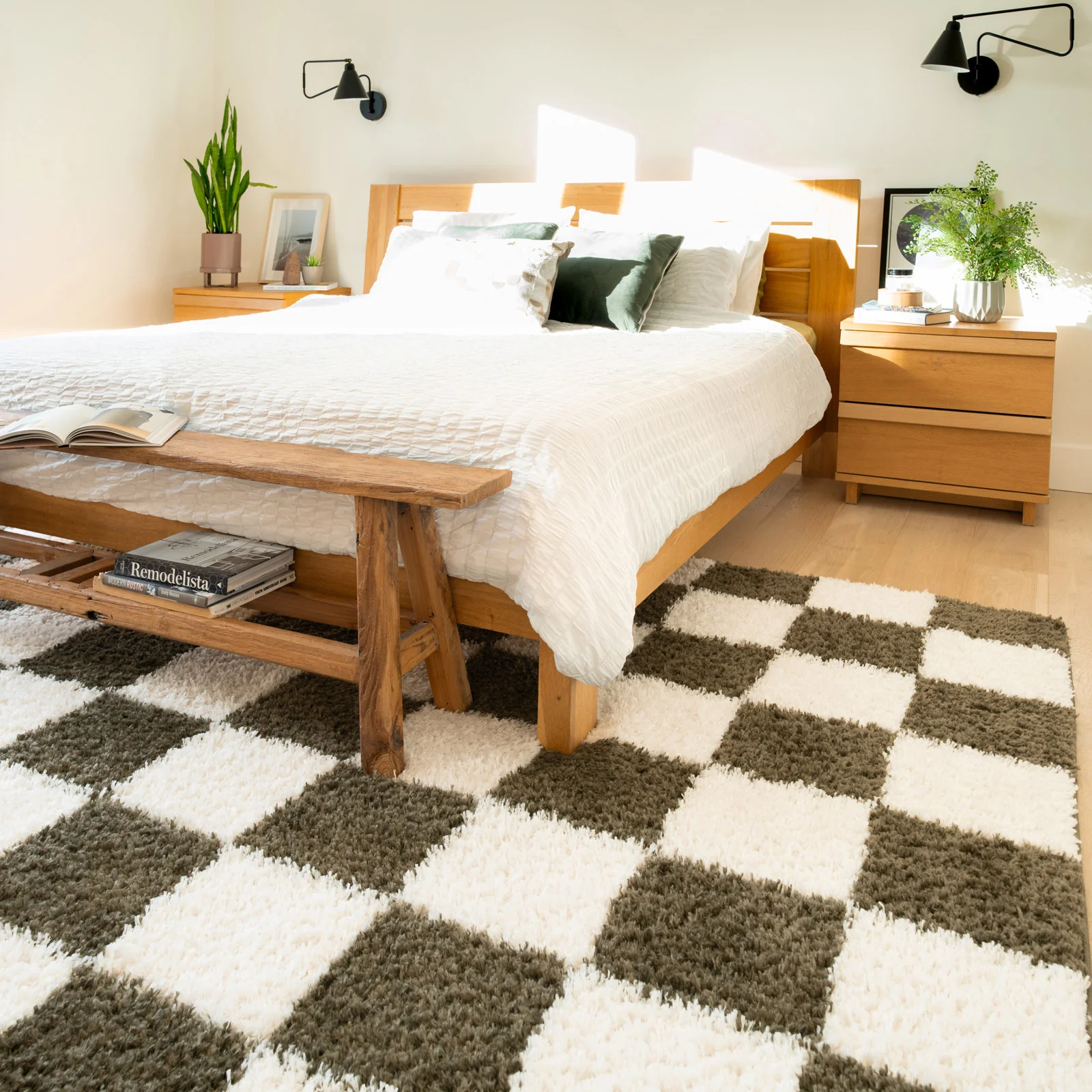 Soft Green Checkerboard Shaggy Rug - Josie - Image 3