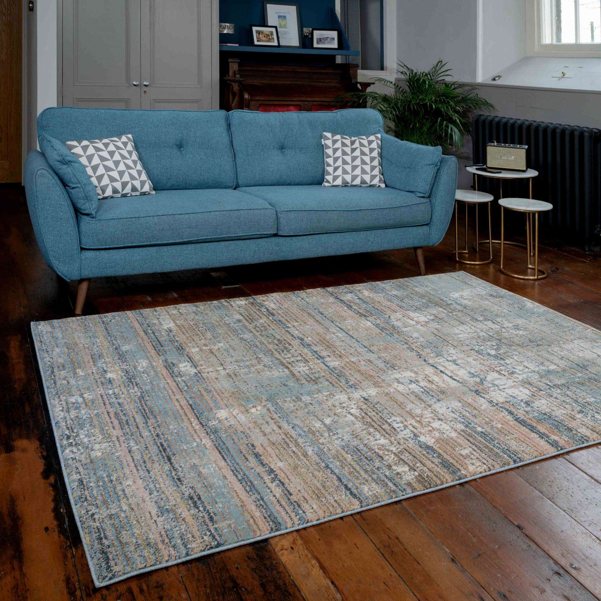 Soft Modern Blue Distressed Scratched Effect Rugs - Scatter - Image 5