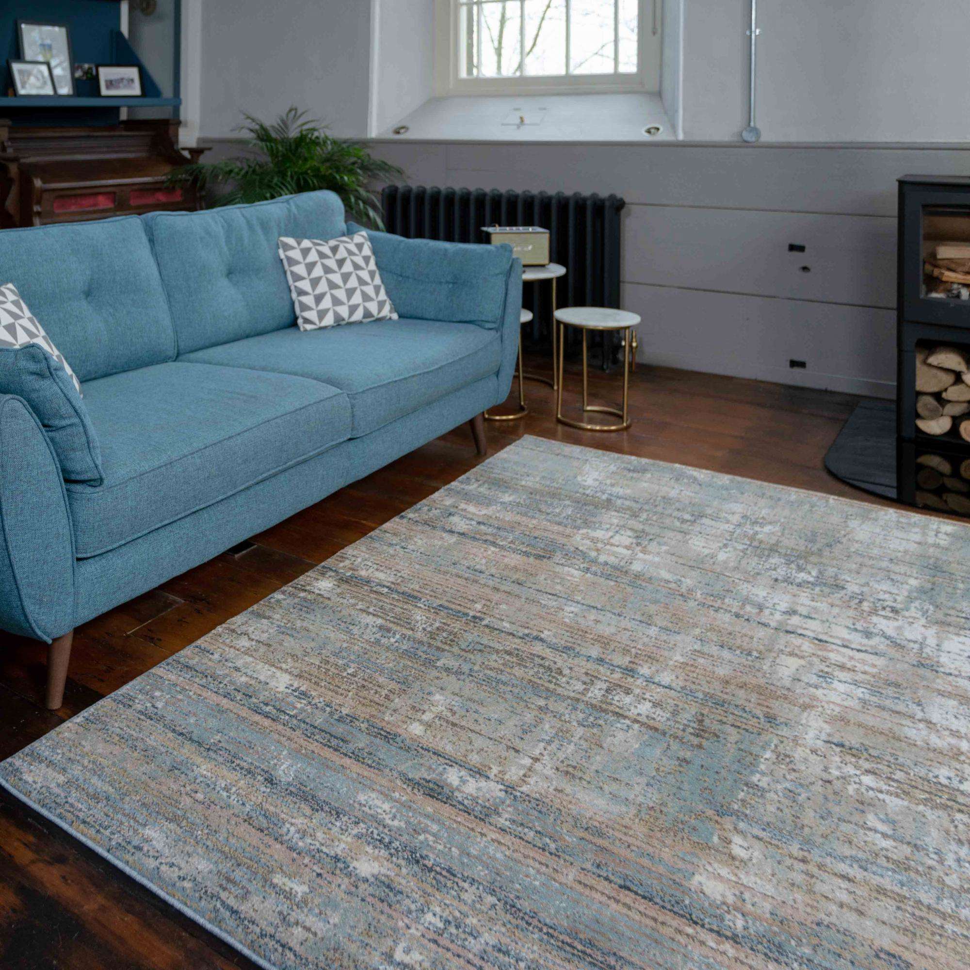 Soft Modern Blue Distressed Scratched Effect Rugs - Scatter - Image 8