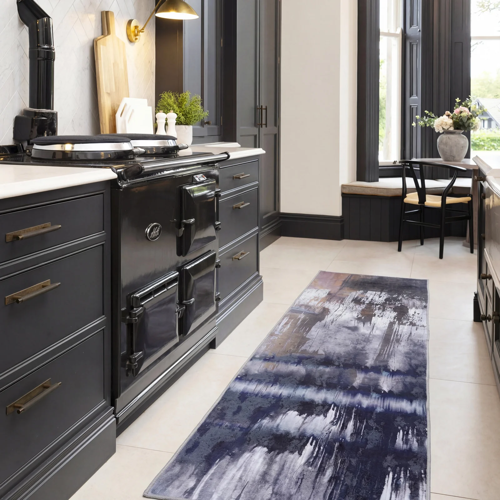 Soft Washable Blue Abstract Runner - Storm