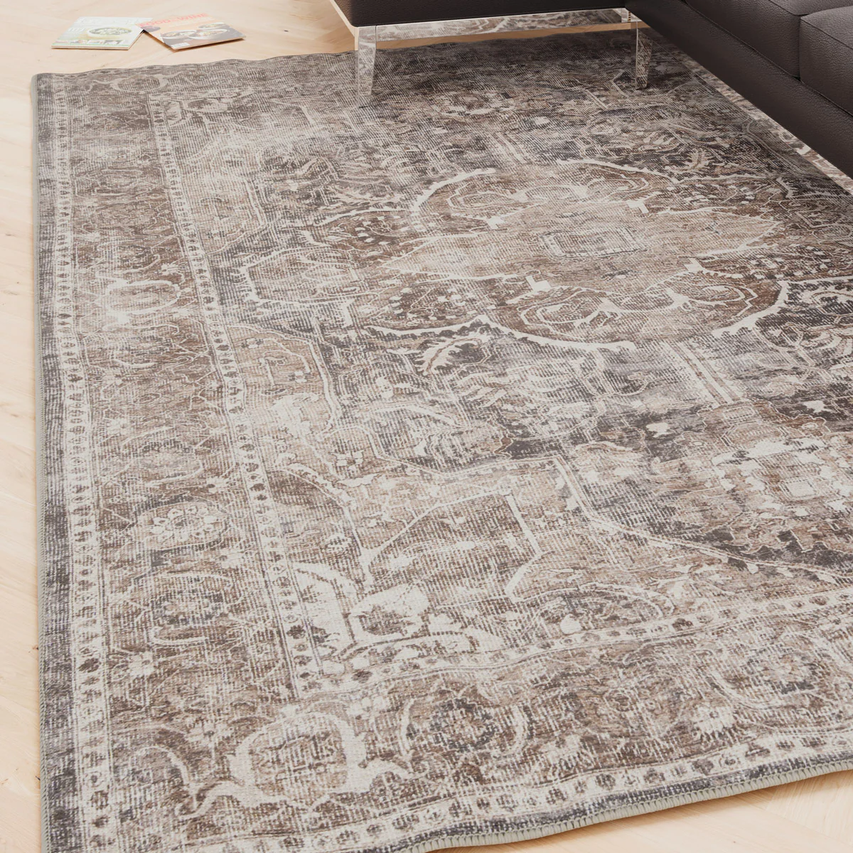 Washable Vintage Brown Beige Rug - Lois - Image 4