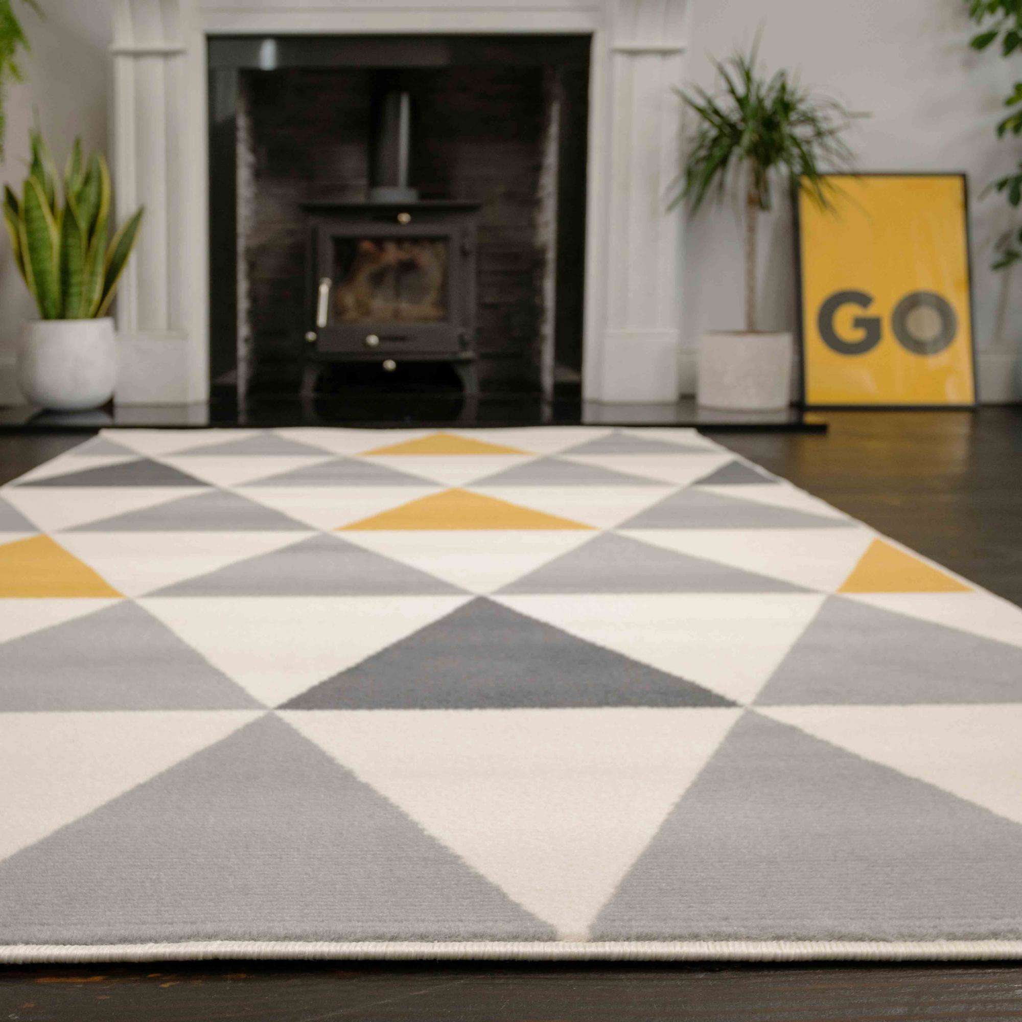 Yellow Grey Geometric Triangle Bedroom Rug - Image 4
